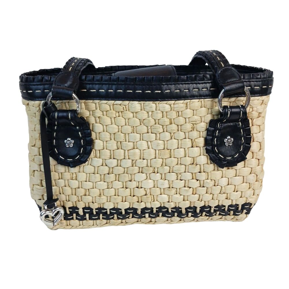 Brighton Straw Raffia Woven Handbag Black Ruffle Double Strap Tote Shopper Purse - Picture 5 of 16